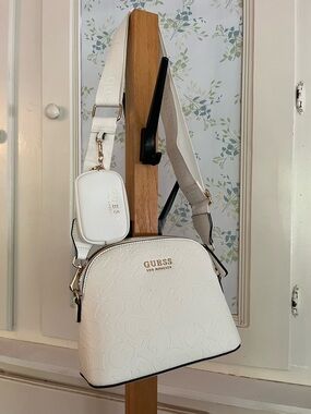 GUESS White Embossed Dome Crossbody with Coin Pouch and Wide Strap